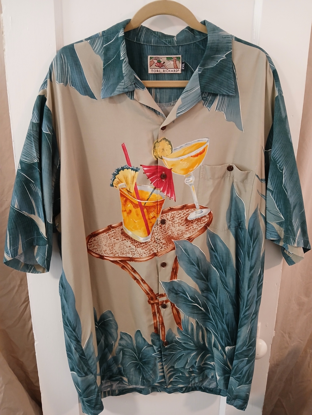 Vintage Tori Richard Hawaiian Shirt Mens 2XL Tan Teal Cocktail Aloha Camp  [144]